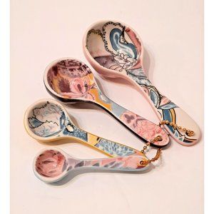 Anthropologie Ceramic Measuring Spoons Set, Porcelain, Gold Chain, Beach Colors